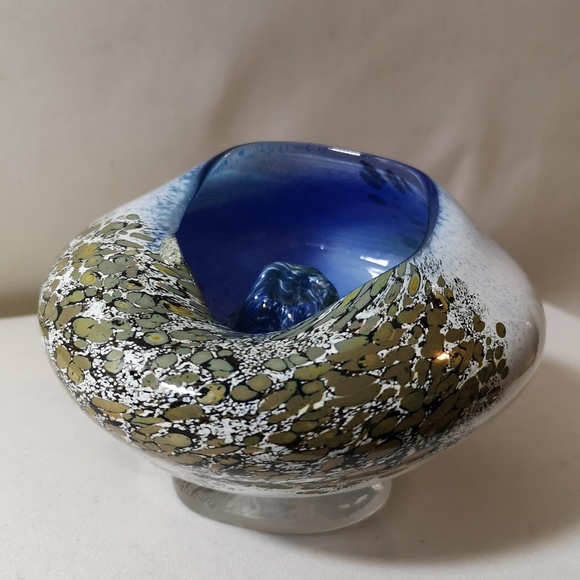 Unique Hand-blown & Artist Signed Art Glass Vessel "Bowl" Gold Blue White Lovely - Picture 2 of 10